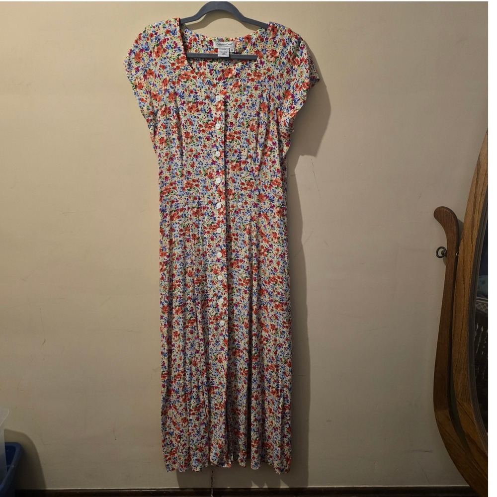 Vintage 90s Coldwater Creek Maxi Dress Womens 12 Multicolor Floral Rayon Button